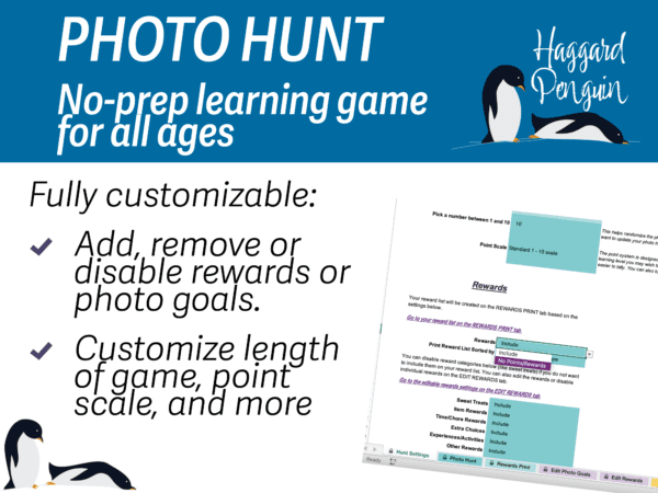 Fully customizable: Add, remove or disable rewards or photo goals. Customize length of game, point scale, and more.